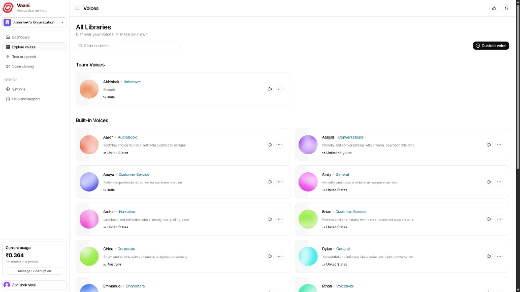Vaani AI Voice Platform — Voice Library
